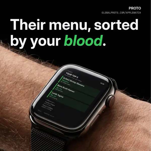 Proto — their menu, sorted by your blood, shown on Apple Watch